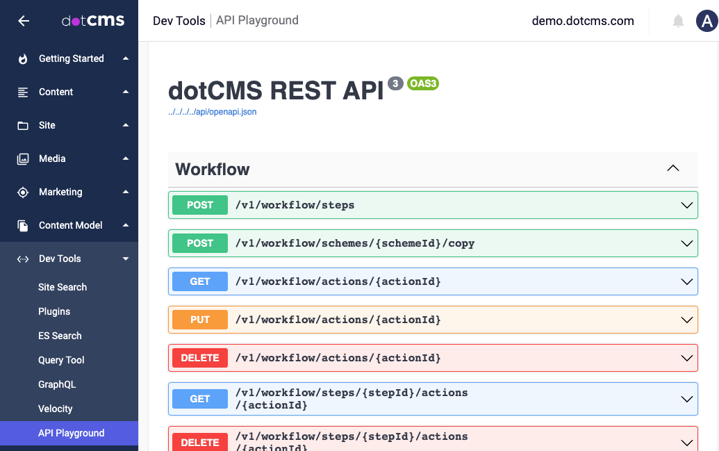 API Playground initial view.