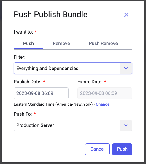 Push Publish dialog.