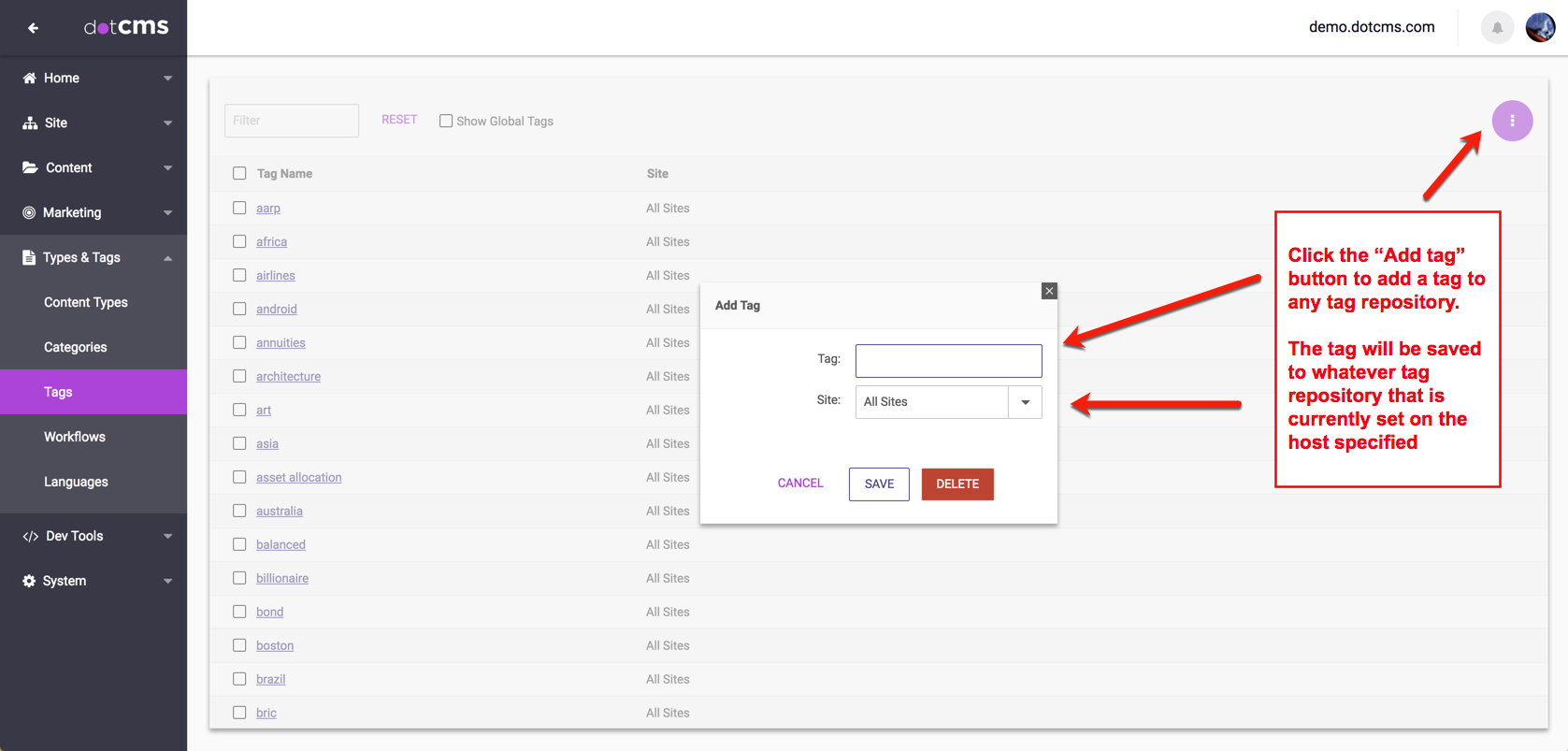 Adding a tag from the Tag Manager